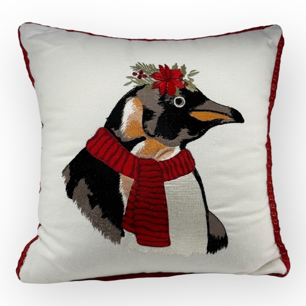 Pier 1 Christmas Penguin Embroidered Throw Accent Pillow 11" Decorative